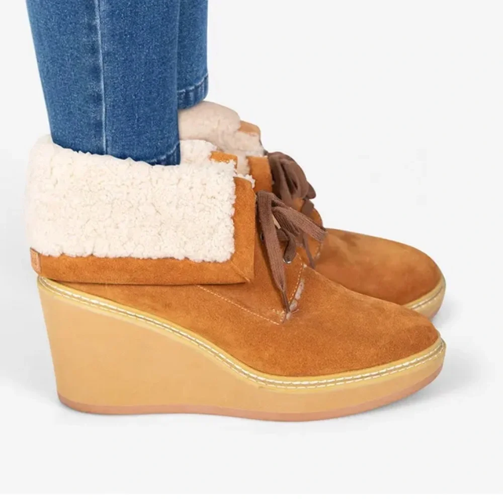 See By Chloe Shearling-Trimmed Suede Wedge Ankle Boots